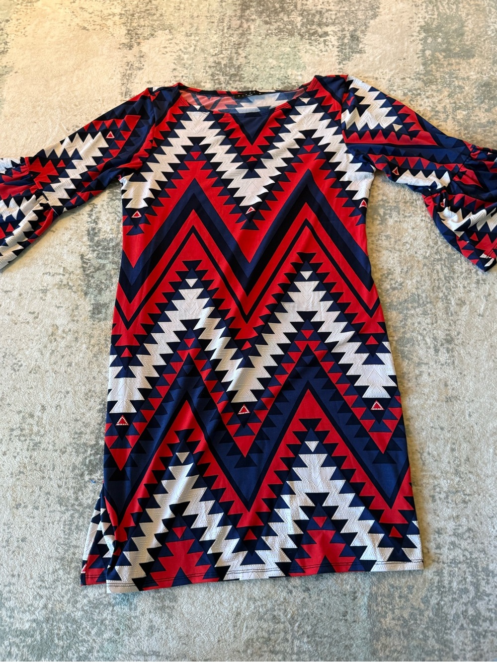 Tiana B. Red Navy White Aztec Geometric Flared Sleeve Midi Dress, Size 10